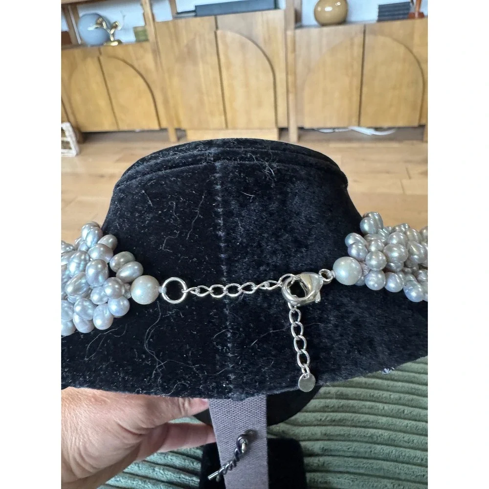 Lucas Lameth‎ Gray Pearl Necklace 925 Silver Clasp Multi Strand Statement